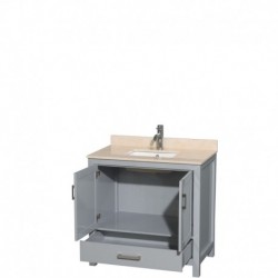 36 inch Single Bathroom Vanity in Gray, Ivory Marble Countertop, Undermount Square Sink, and No Mirror