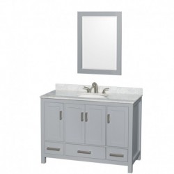 48 inch Single Bathroom Vanity in Gray, White Carrera Marble Countertop, Undermount Oval Sink, and 24 inch Mirror