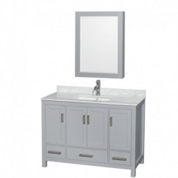 48 inch Single Bathroom Vanity in Gray, White Carrera Marble Countertop, Undermount Square Sink, and Medicine Cabinet