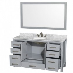 60 inch Single Bathroom Vanity in Gray, White Carrera Marble Countertop, Undermount Oval Sink, and 58 inch Mirror