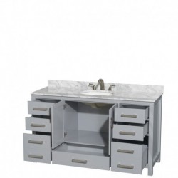 60 inch Single Bathroom Vanity in Gray, White Carrera Marble Countertop, Undermount Oval Sink, and No Mirror