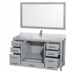 60 inch Single Bathroom Vanity in Gray, White Carrera Marble Countertop, Undermount Square Sink, and 58 inch Mirror