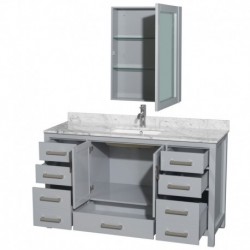 60 inch Single Bathroom Vanity in Gray, White Carrera Marble Countertop, Undermount Square Sink, and Medicine Cabinet