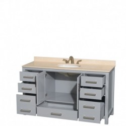 60 inch Single Bathroom Vanity in Gray, Ivory Marble Countertop, Undermount Oval Sink, and No Mirror