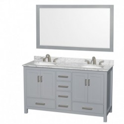 60 inch Double Bathroom Vanity in Gray, White Carrera Marble Countertop, Undermount Oval Sinks, and 58 inch Mirror