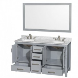 60 inch Double Bathroom Vanity in Gray, White Carrera Marble Countertop, Undermount Oval Sinks, and 58 inch Mirror