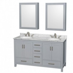 60 inch Double Bathroom Vanity in Gray, White Carrera Marble Countertop, Undermount Oval Sinks, and Medicine Cabinets
