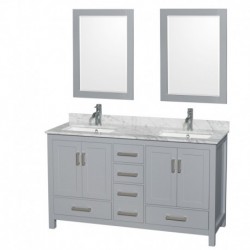 60 inch Double Bathroom Vanity in Gray, White Carrera Marble Countertop, Undermount Square Sinks, and 24 inch Mirrors