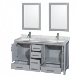 60 inch Double Bathroom Vanity in Gray, White Carrera Marble Countertop, Undermount Square Sinks, and 24 inch Mirrors