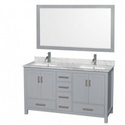 60 inch Double Bathroom Vanity in Gray, White Carrera Marble Countertop, Undermount Square Sinks, and 58 inch Mirror