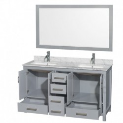 60 inch Double Bathroom Vanity in Gray, White Carrera Marble Countertop, Undermount Square Sinks, and 58 inch Mirror