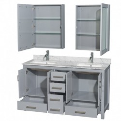60 inch Double Bathroom Vanity in Gray, White Carrera Marble Countertop, Undermount Square Sinks, and Medicine Cabinets