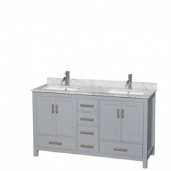 60 inch Double Bathroom Vanity in Gray, White Carrera Marble Countertop, Undermount Square Sinks, and No Mirror