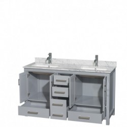 60 inch Double Bathroom Vanity in Gray, White Carrera Marble Countertop, Undermount Square Sinks, and No Mirror