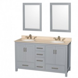 60 inch Double Bathroom Vanity in Gray, Ivory Marble Countertop, Undermount Oval Sinks, and 24 inch Mirrors