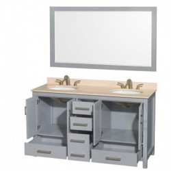 60 inch Double Bathroom Vanity in Gray, Ivory Marble Countertop, Undermount Oval Sinks, and 58 inch Mirror
