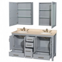 60 inch Double Bathroom Vanity in Gray, Ivory Marble Countertop, Undermount Oval Sinks, and Medicine Cabinets