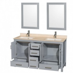 60 inch Double Bathroom Vanity in Gray, Ivory Marble Countertop, Undermount Square Sinks, and 24 inch Mirrors