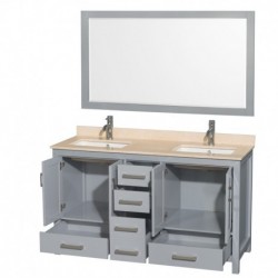 60 inch Double Bathroom Vanity in Gray, Ivory Marble Countertop, Undermount Square Sinks, and 58 inch Mirror