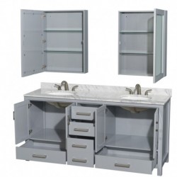 72 inch Double Bathroom Vanity in Gray, White Carrera Marble Countertop, Undermount Oval Sinks, and Medicine Cabinets