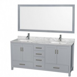 72 inch Double Bathroom Vanity in Gray, White Carrera Marble Countertop, Undermount Square Sinks, and 70 inch Mirror