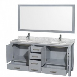 72 inch Double Bathroom Vanity in Gray, White Carrera Marble Countertop, Undermount Square Sinks, and 70 inch Mirror