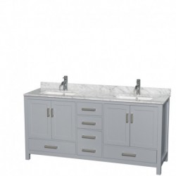 72 inch Double Bathroom Vanity in Gray, White Carrera Marble Countertop, Undermount Square Sinks, and No Mirror