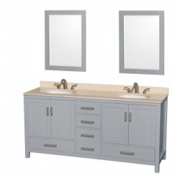 72 inch Double Bathroom Vanity in Gray, Ivory Marble Countertop, Undermount Oval Sinks, and 24 inch Mirrors