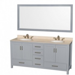 72 inch Double Bathroom Vanity in Gray, Ivory Marble Countertop, Undermount Oval Sinks, and 70 inch Mirror