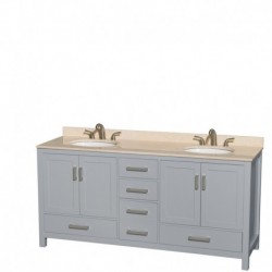 72 inch Double Bathroom Vanity in Gray, Ivory Marble Countertop, Undermount Oval Sinks, and No Mirror