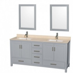 72 inch Double Bathroom Vanity in Gray, Ivory Marble Countertop, Undermount Square Sinks, and 24 inch Mirrors