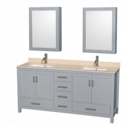 72 inch Double Bathroom Vanity in Gray, Ivory Marble Countertop, Undermount Square Sinks, and Medicine Cabinets