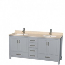 72 inch Double Bathroom Vanity in Gray, Ivory Marble Countertop, Undermount Square Sinks, and No Mirror