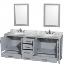 80 inch Double Bathroom Vanity in Gray, White Carrera Marble Countertop, Undermount Oval Sinks, and 24 inch Mirrors