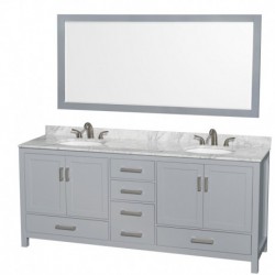 80 inch Double Bathroom Vanity in Gray, White Carrera Marble Countertop, Undermount Oval Sinks, and 70 inch Mirror