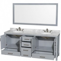 80 inch Double Bathroom Vanity in Gray, White Carrera Marble Countertop, Undermount Oval Sinks, and 70 inch Mirror