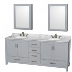 80 inch Double Bathroom Vanity in Gray, White Carrera Marble Countertop, Undermount Oval Sinks, and Medicine Cabinets