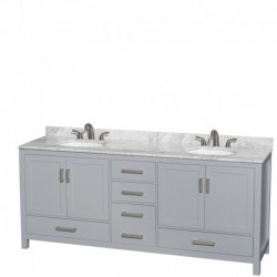 80 inch Double Bathroom Vanity in Gray, White Carrera Marble Countertop, Undermount Oval Sinks, and No Mirror