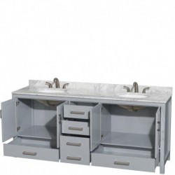 80 inch Double Bathroom Vanity in Gray, White Carrera Marble Countertop, Undermount Oval Sinks, and No Mirror