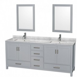 80 inch Double Bathroom Vanity in Gray, White Carrera Marble Countertop, Undermount Square Sinks, and 24 inch Mirrors