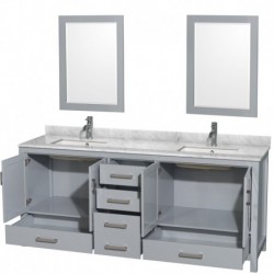 80 inch Double Bathroom Vanity in Gray, White Carrera Marble Countertop, Undermount Square Sinks, and 24 inch Mirrors