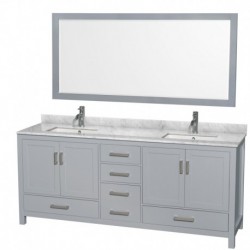 80 inch Double Bathroom Vanity in Gray, White Carrera Marble Countertop, Undermount Square Sinks, and 70 inch Mirror