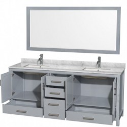 80 inch Double Bathroom Vanity in Gray, White Carrera Marble Countertop, Undermount Square Sinks, and 70 inch Mirror