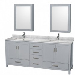 80 inch Double Bathroom Vanity in Gray, White Carrera Marble Countertop, Undermount Square Sinks, and Medicine Cabinets