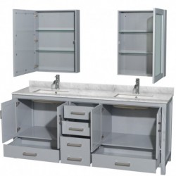 80 inch Double Bathroom Vanity in Gray, White Carrera Marble Countertop, Undermount Square Sinks, and Medicine Cabinets