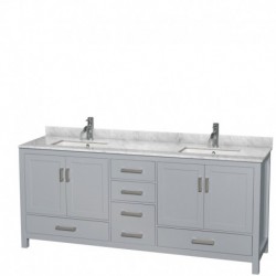 80 inch Double Bathroom Vanity in Gray, White Carrera Marble Countertop, Undermount Square Sinks, and No Mirror