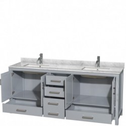 80 inch Double Bathroom Vanity in Gray, White Carrera Marble Countertop, Undermount Square Sinks, and No Mirror