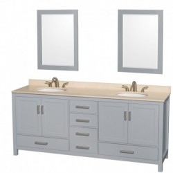 80 inch Double Bathroom Vanity in Gray, Ivory Marble Countertop, Undermount Oval Sinks, and 24 inch Mirrors