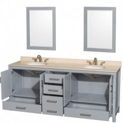 80 inch Double Bathroom Vanity in Gray, Ivory Marble Countertop, Undermount Oval Sinks, and 24 inch Mirrors