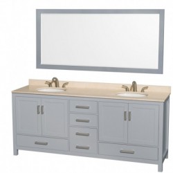 80 inch Double Bathroom Vanity in Gray, Ivory Marble Countertop, Undermount Oval Sinks, and 70 inch Mirror